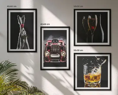 Posterset met lijsten vrouwenbenen met roze auto en wijn
