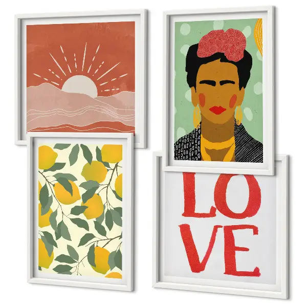 Set posters met lijst met afbeeldingen van citroenen, een inscriptie over liefde en een landschap in Frida Kahlo stijl