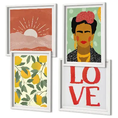 Set posters met lijst met afbeeldingen van citroenen, een inscriptie over liefde en een landschap in Frida Kahlo stijl