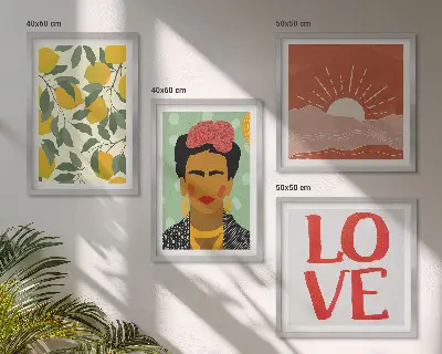 Set posters met lijst met afbeeldingen van citroenen, een inscriptie over liefde en een landschap in Frida Kahlo stijl