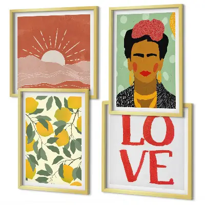 Set posters met lijst met afbeeldingen van citroenen, een inscriptie over liefde en een landschap in Frida Kahlo stijl