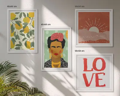 Set posters met lijst met afbeeldingen van citroenen, een inscriptie over liefde en een landschap in Frida Kahlo stijl