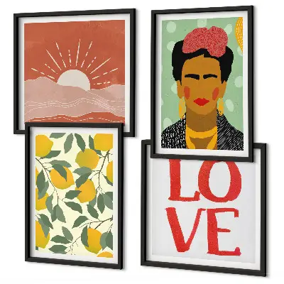Set posters met lijst met afbeeldingen van citroenen, een inscriptie over liefde en een landschap in Frida Kahlo stijl