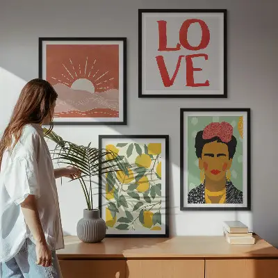 Set posters met lijst met afbeeldingen van citroenen, een inscriptie over liefde en een landschap in Frida Kahlo stijl