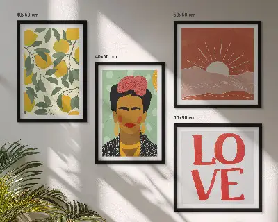 Set posters met lijst met afbeeldingen van citroenen, een inscriptie over liefde en een landschap in Frida Kahlo stijl