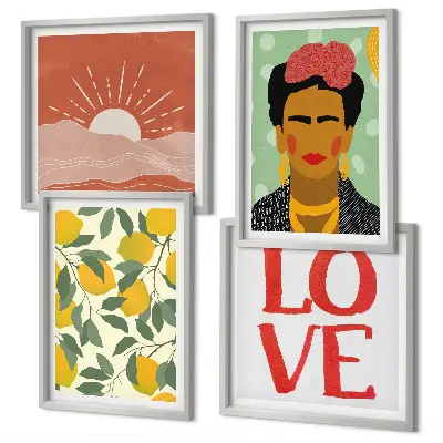 Set posters met lijst met afbeeldingen van citroenen, een inscriptie over liefde en een landschap in Frida Kahlo stijl