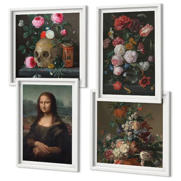 Vintage bloemen schedel Mona Lisa meerluik in lijst