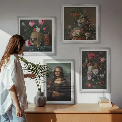 Vintage bloemen schedel Mona Lisa meerluik in lijst