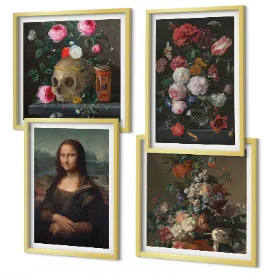 Vintage bloemen schedel Mona Lisa meerluik in lijst