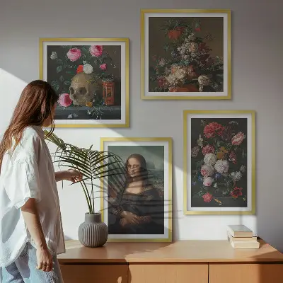 Vintage bloemen schedel Mona Lisa meerluik in lijst