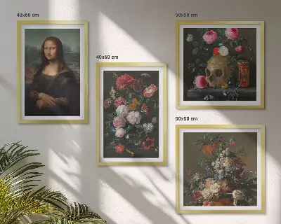 Vintage bloemen schedel Mona Lisa meerluik in lijst