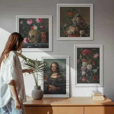 Vintage bloemen schedel Mona Lisa meerluik in lijst
