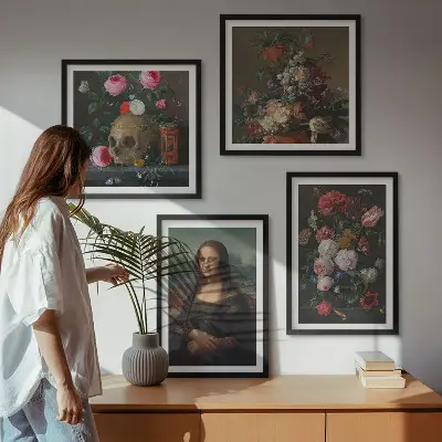 Vintage bloemen schedel Mona Lisa meerluik in lijst