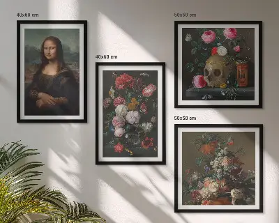 Vintage bloemen schedel Mona Lisa meerluik in lijst
