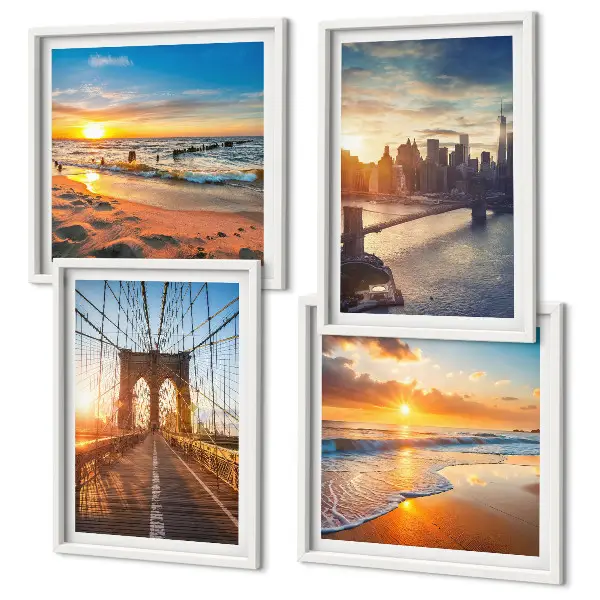 Set van posters met lijst met afbeeldingen van bruggen en zonsondergangen in de stad