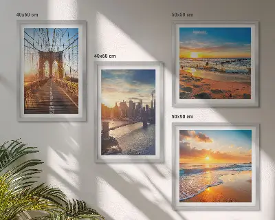 Set van posters met lijst met afbeeldingen van bruggen en zonsondergangen in de stad