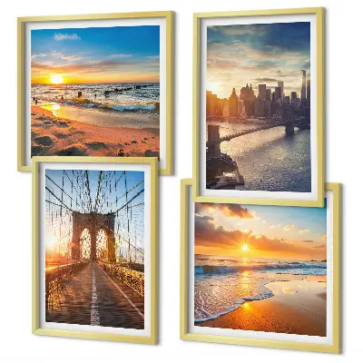 Set van posters met lijst met afbeeldingen van bruggen en zonsondergangen in de stad