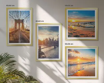 Set van posters met lijst met afbeeldingen van bruggen en zonsondergangen in de stad