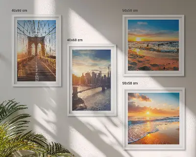 Set van posters met lijst met afbeeldingen van bruggen en zonsondergangen in de stad