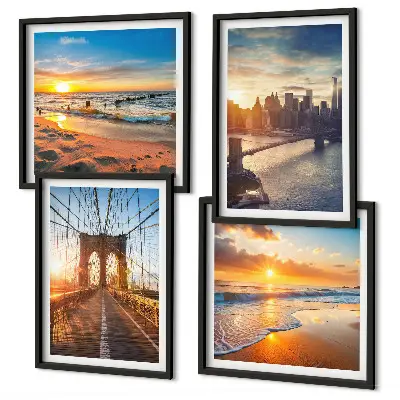 Set van posters met lijst met afbeeldingen van bruggen en zonsondergangen in de stad