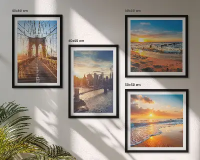 Set van posters met lijst met afbeeldingen van bruggen en zonsondergangen in de stad