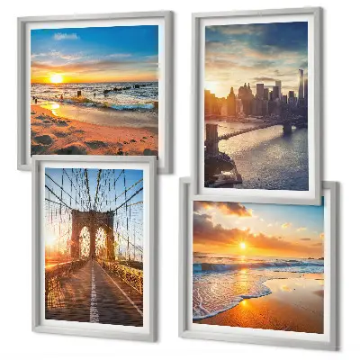 Set van posters met lijst met afbeeldingen van bruggen en zonsondergangen in de stad