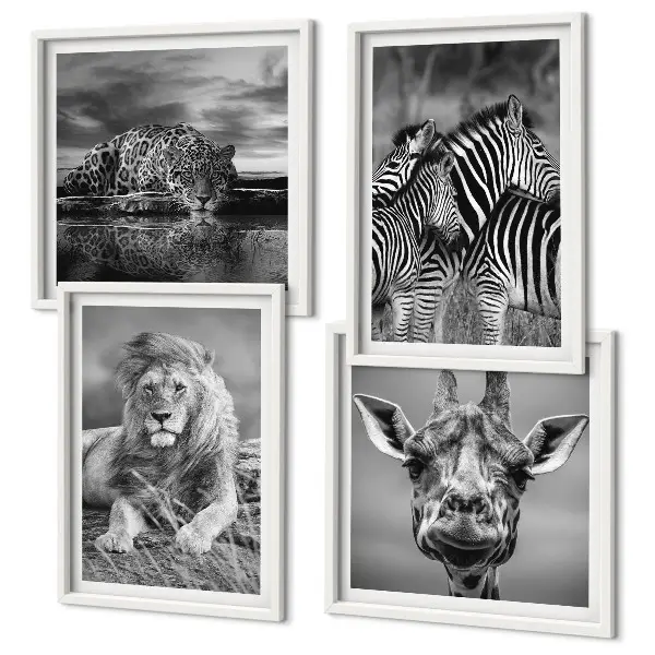 Wanddecoratie wilde dieren meerluik van een leeuw, jaguar, giraffe en zebra's in lijst