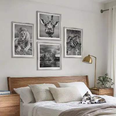 Wanddecoratie wilde dieren meerluik van een leeuw, jaguar, giraffe en zebra's in lijst