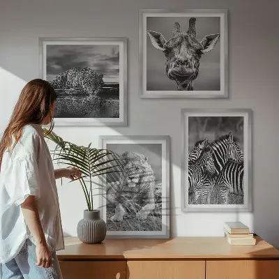 Wanddecoratie wilde dieren meerluik van een leeuw, jaguar, giraffe en zebra's in lijst