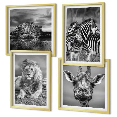 Wanddecoratie wilde dieren meerluik van een leeuw, jaguar, giraffe en zebra's in lijst