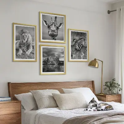 Wanddecoratie wilde dieren meerluik van een leeuw, jaguar, giraffe en zebra's in lijst