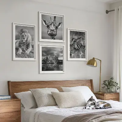 Wanddecoratie wilde dieren meerluik van een leeuw, jaguar, giraffe en zebra's in lijst