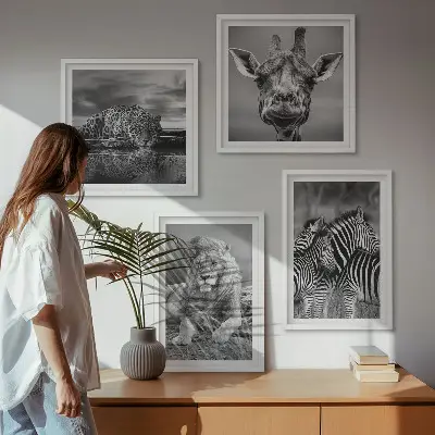 Wanddecoratie wilde dieren meerluik van een leeuw, jaguar, giraffe en zebra's in lijst