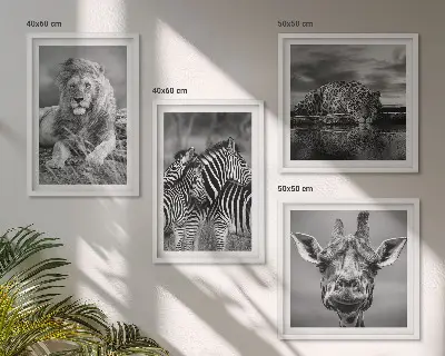 Wanddecoratie wilde dieren meerluik van een leeuw, jaguar, giraffe en zebra's in lijst