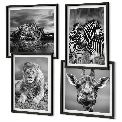 Wanddecoratie wilde dieren meerluik van een leeuw, jaguar, giraffe en zebra's in lijst