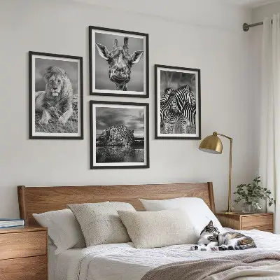 Wanddecoratie wilde dieren meerluik van een leeuw, jaguar, giraffe en zebra's in lijst