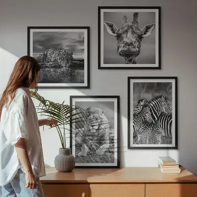 Wanddecoratie wilde dieren meerluik van een leeuw, jaguar, giraffe en zebra's in lijst