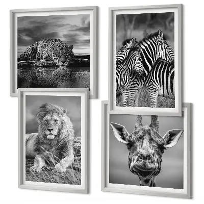 Wanddecoratie wilde dieren meerluik van een leeuw, jaguar, giraffe en zebra's in lijst