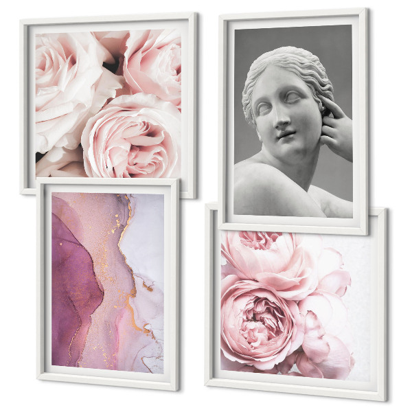 Set van posters met lijst Pioenrozensculptuur van een vrouw