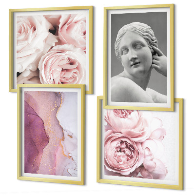 Set van posters met lijst Pioenrozensculptuur van een vrouw