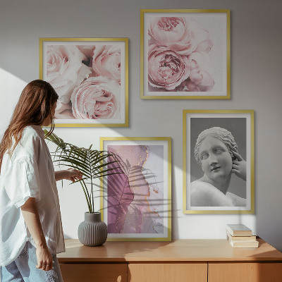 Set van posters met lijst Pioenrozensculptuur van een vrouw