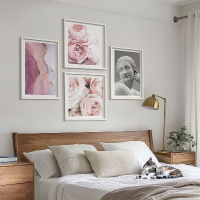 Set van posters met lijst Pioenrozensculptuur van een vrouw