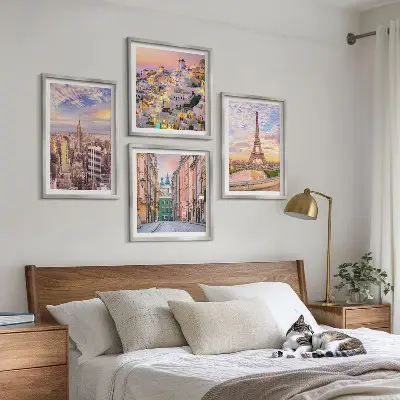 Meerluik in lijst New York, Parijs, Oia en Warschau bij schemering