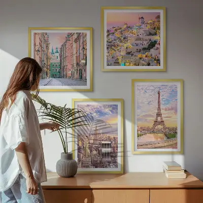 Meerluik in lijst New York, Parijs, Oia en Warschau bij schemering