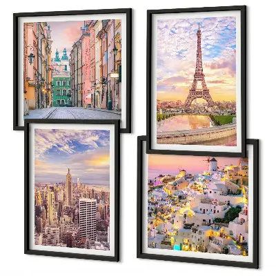 Meerluik in lijst New York, Parijs, Oia en Warschau bij schemering