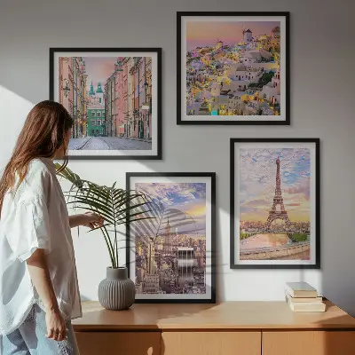 Meerluik in lijst New York, Parijs, Oia en Warschau bij schemering