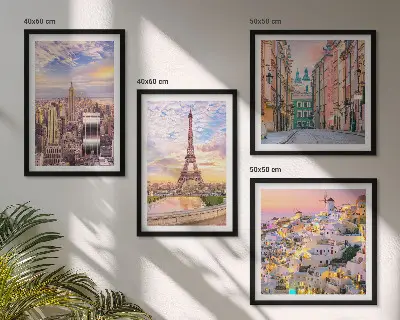 Meerluik in lijst New York, Parijs, Oia en Warschau bij schemering
