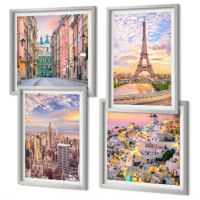 Meerluik in lijst New York, Parijs, Oia en Warschau bij schemering