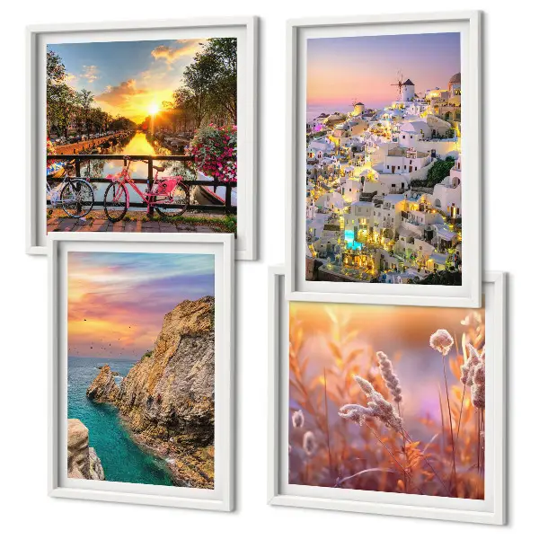 Set van posters met lijst zonsondergangen aan zee