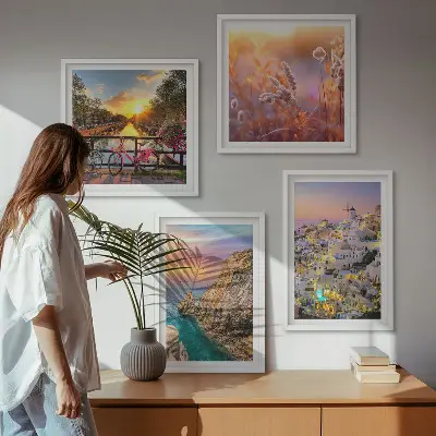 Set van posters met lijst zonsondergangen aan zee
